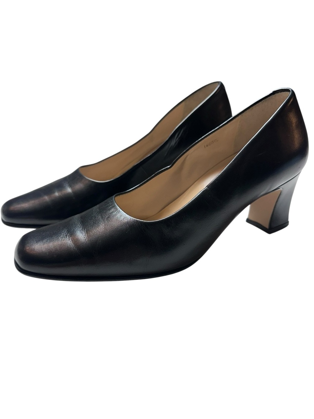 Vintage Pesaro Black Leather Pumps 7M Square Toe Block Heel Made in Brazil
